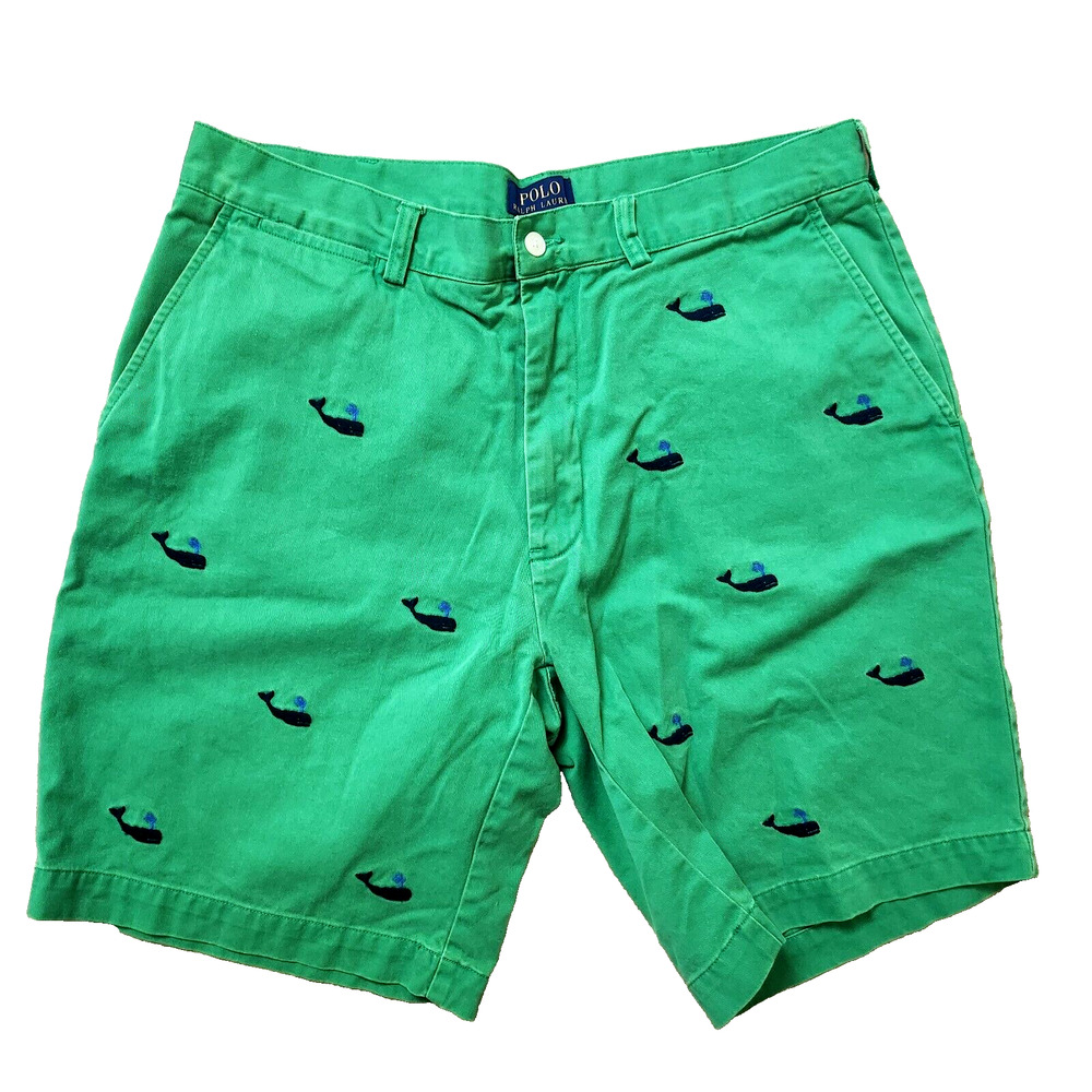 Polo Ralph Lauren EMBROIDERED WHALES Preppy Mens Green Chino Shorts Size 34